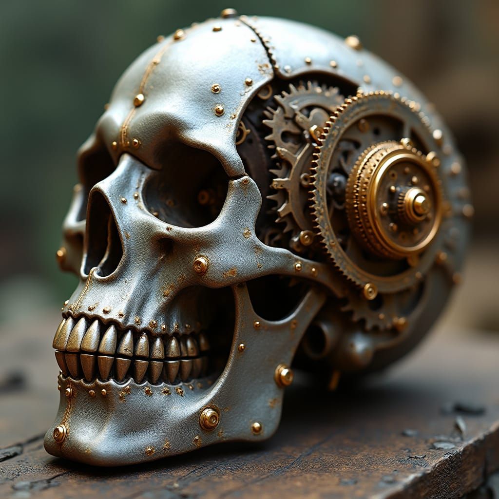 Industrial Futurist Steampunk Skull in Metallic Grey and Gol...