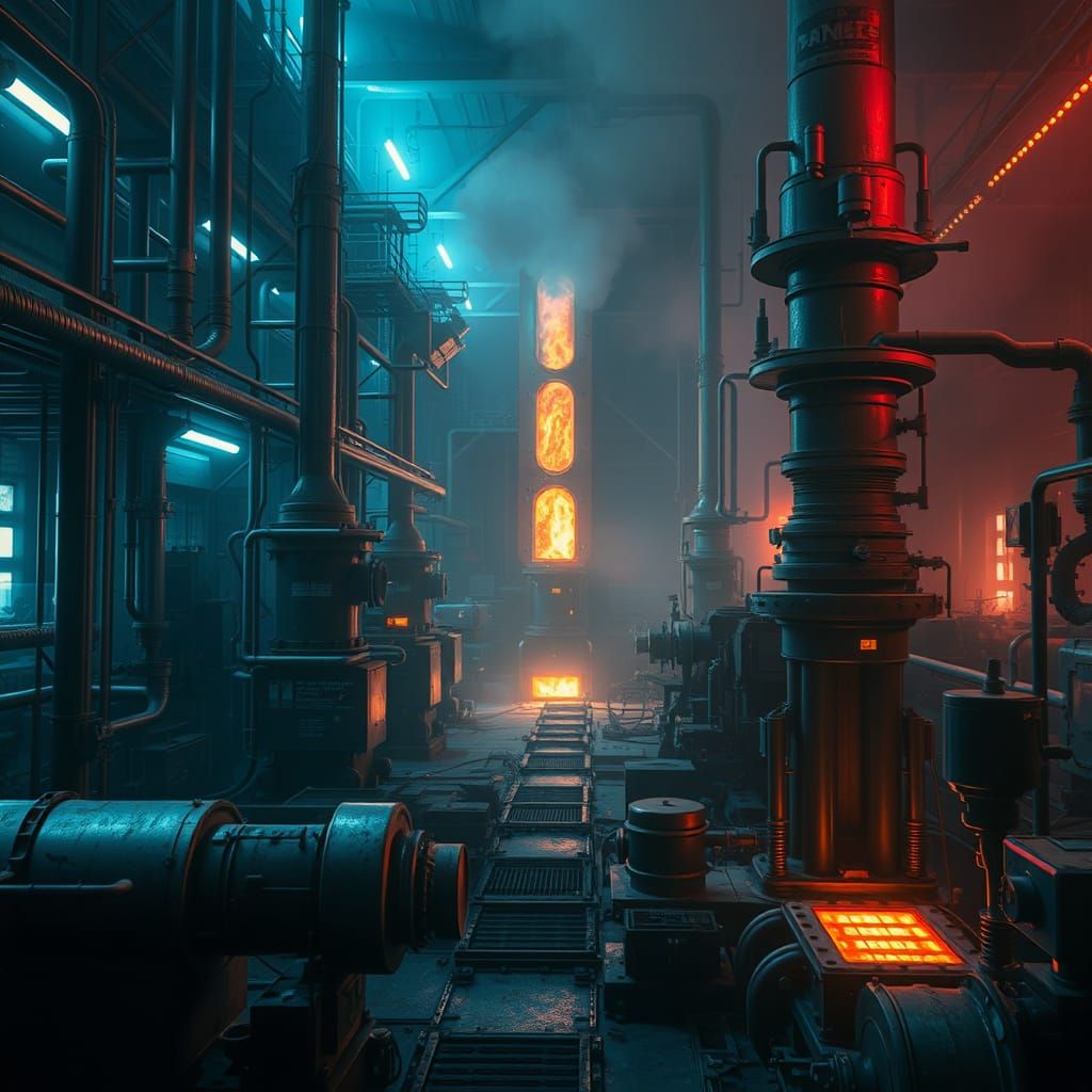 Cyberpunk Steel Factory with Neon Lights