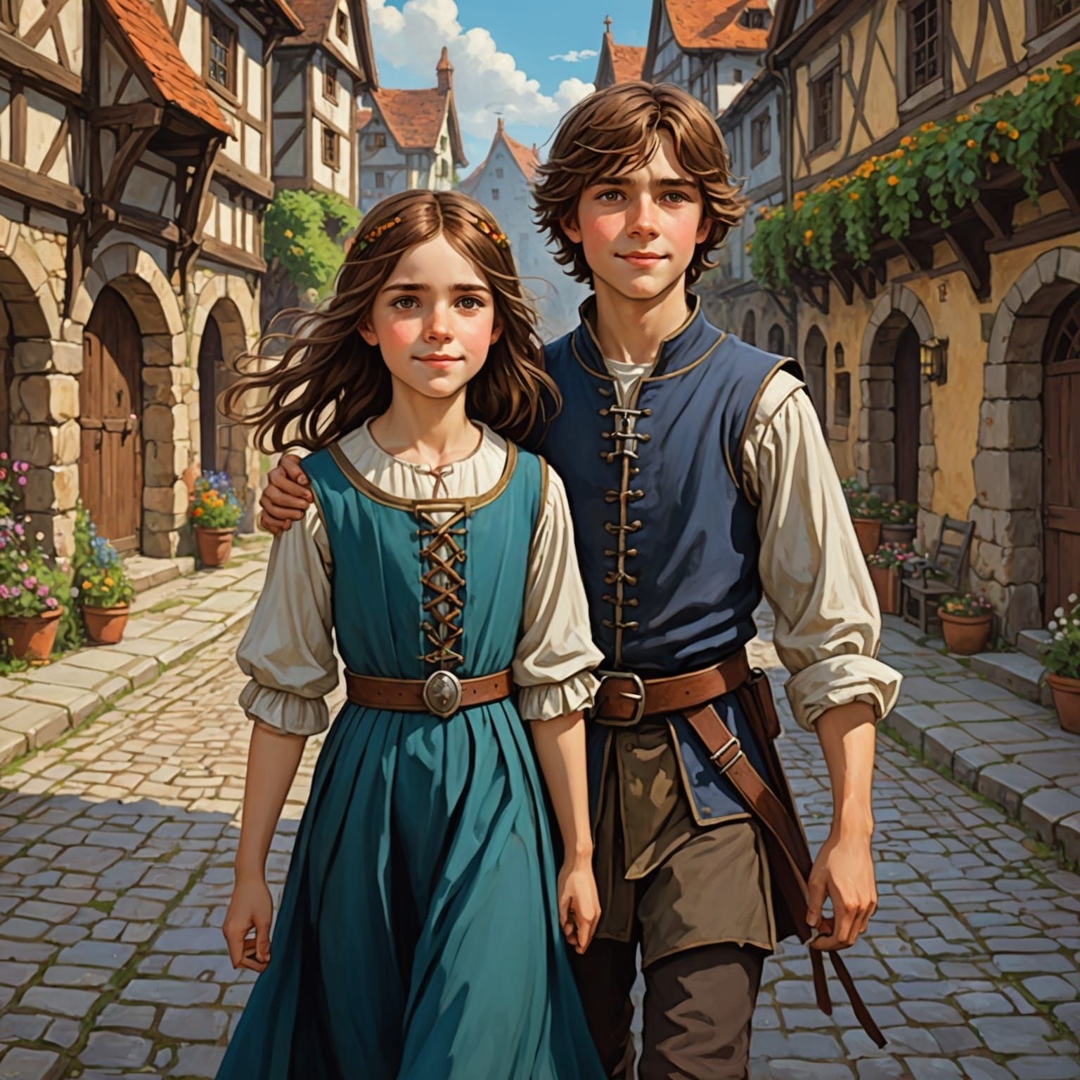 Medieval Siblings Walking Down Road in Anime Style