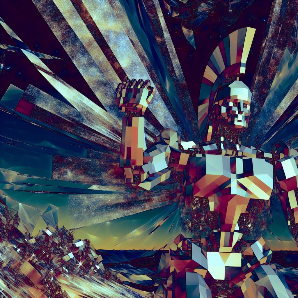 Surreal Glitch Robot Athena Sculpture in Alien Landscape