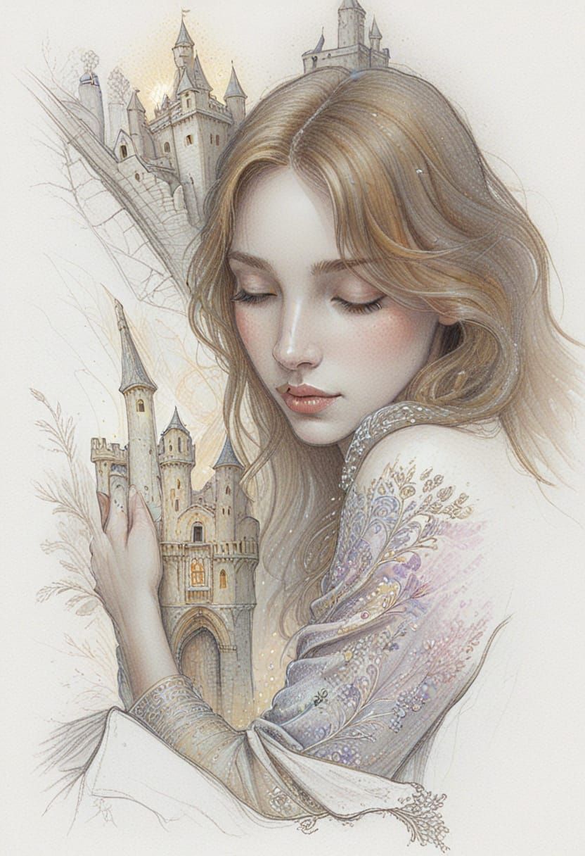 Lovers' Embrace in Fortress: Coloured Pencil Sketch