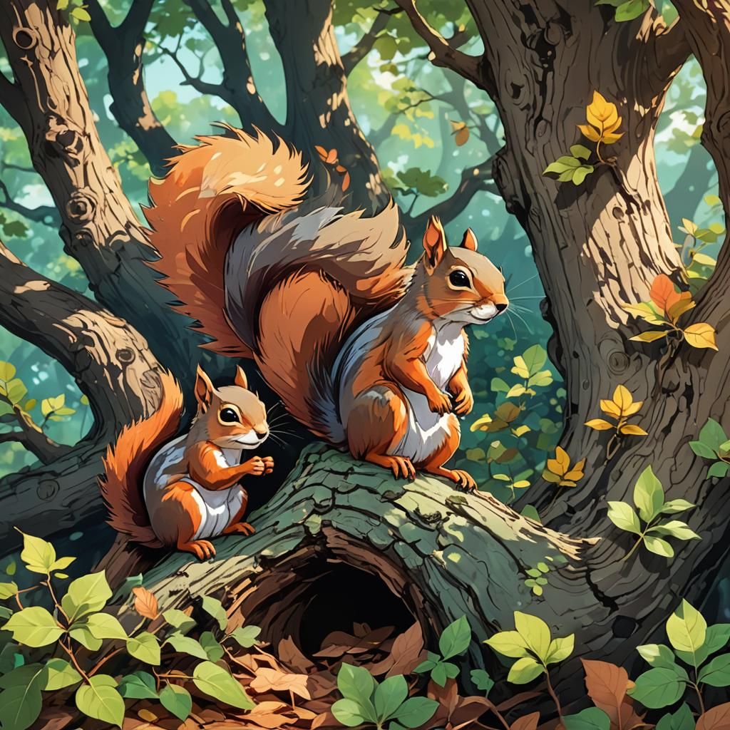 Squirrels in Tree: Anime Manga Scan Style