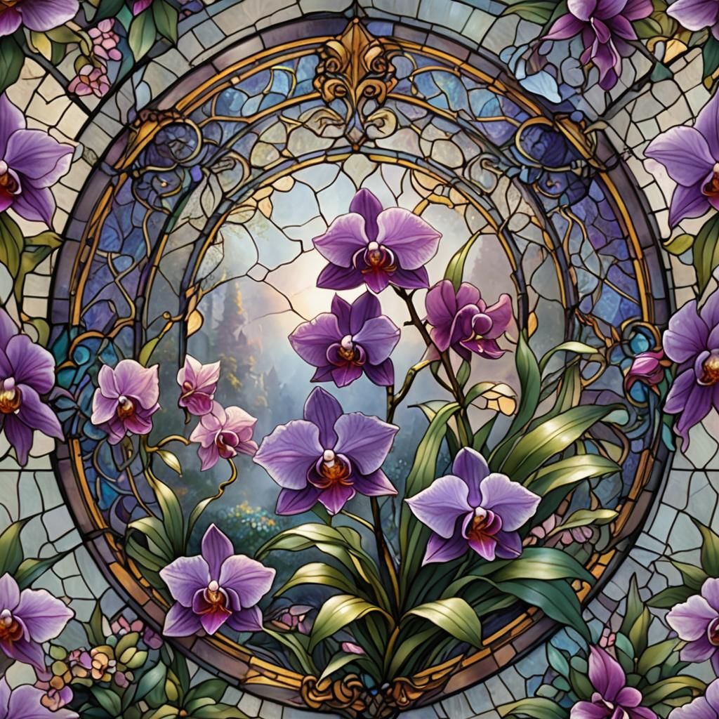 Ethereal Orchid in Stained Glass Style