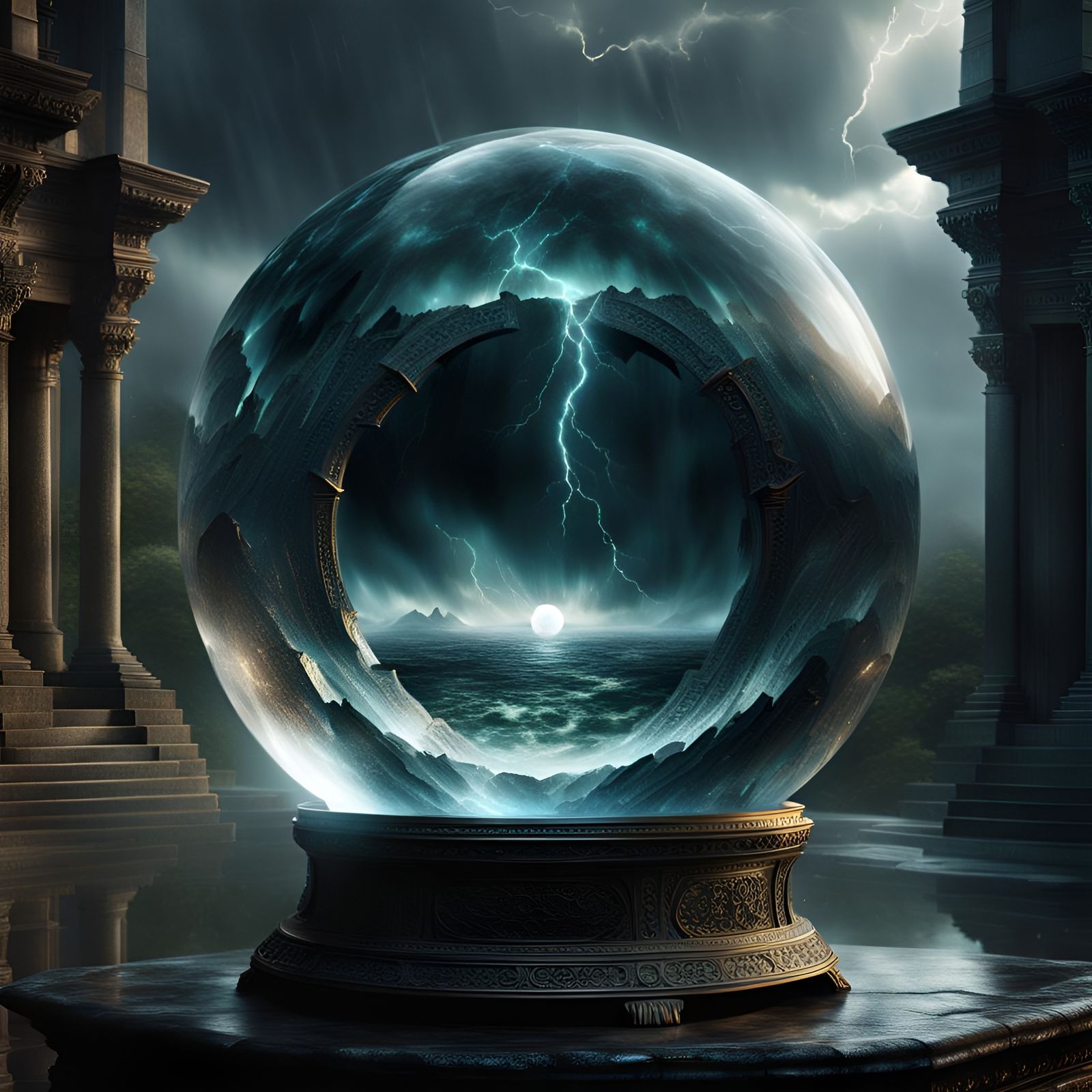 Crystal Ball Sculpture in Dark Fantasy Environment