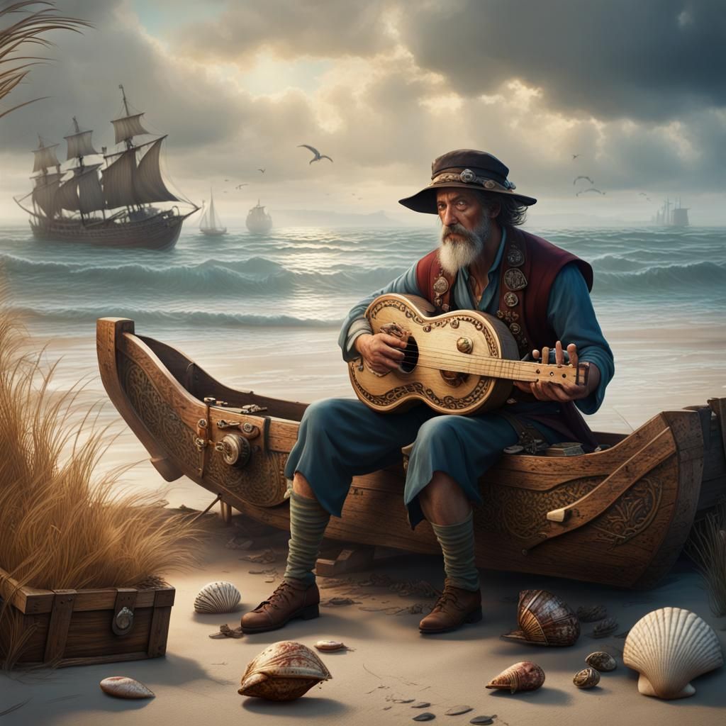 Beachfront Gypsy with Hurdy Gurdy: Fantasy Concept Art