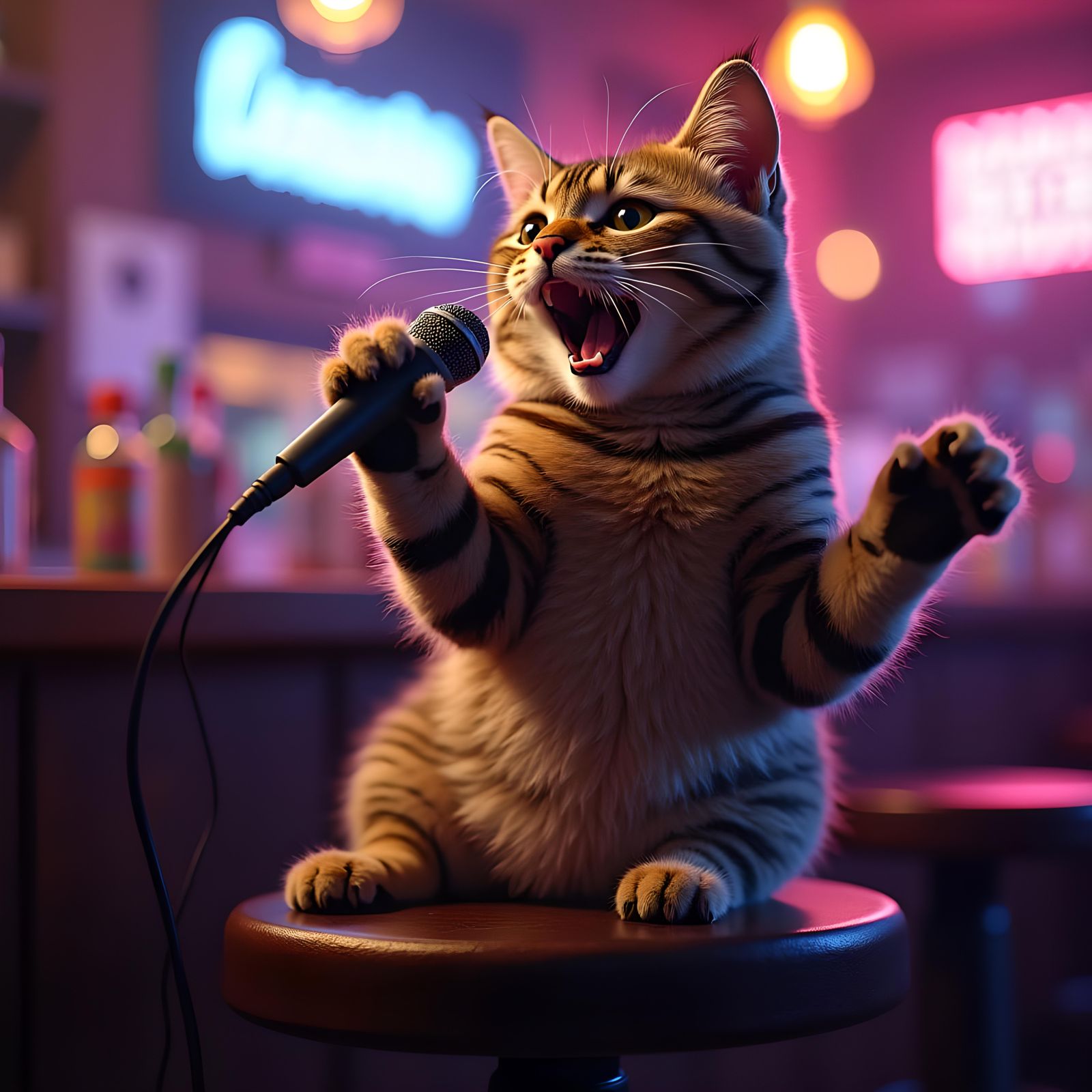 Hyperrealistic Cat Singing Karaoke on Bar Stool