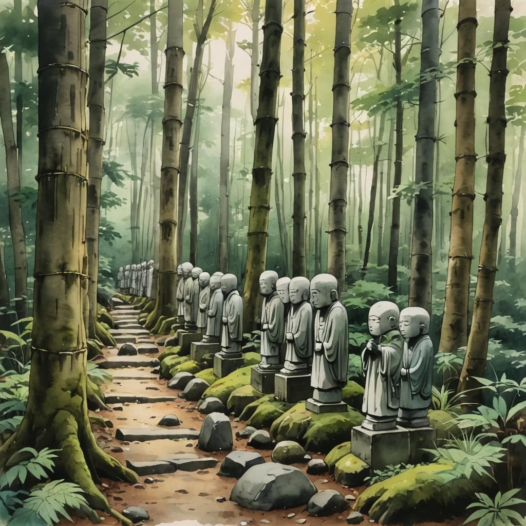 Jizo Statues in Forest: Watercolor Sketch