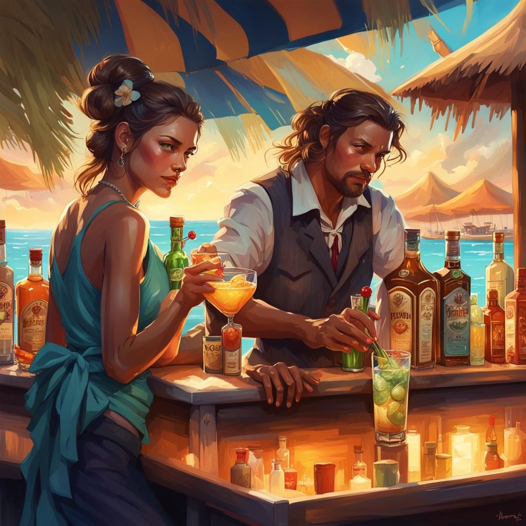 Beach Bar Scene with Bartender Flair, Hyperdetailed Art