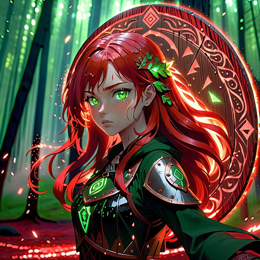 Red-Haired Girl in Fiery Forest with Runed Shield