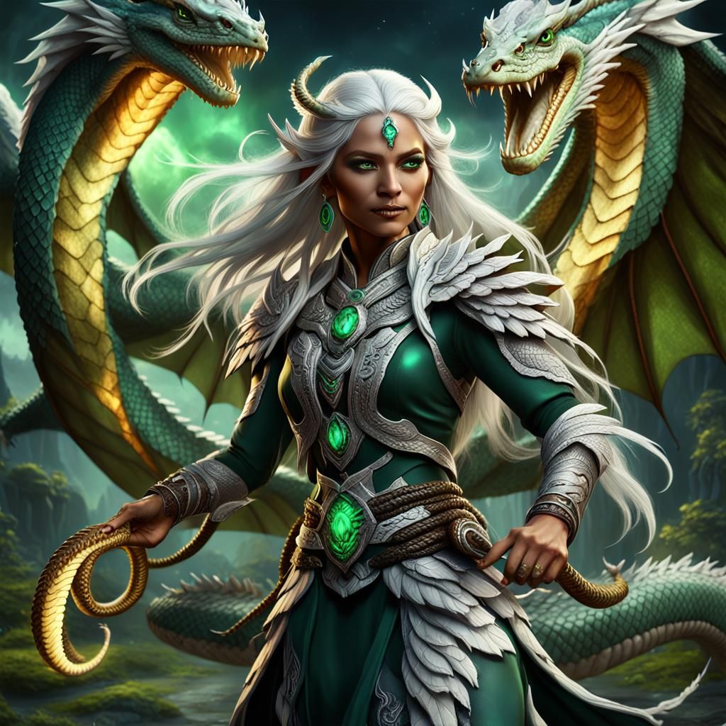 Shaman Woman with Dragon Wings Fighting Shadows