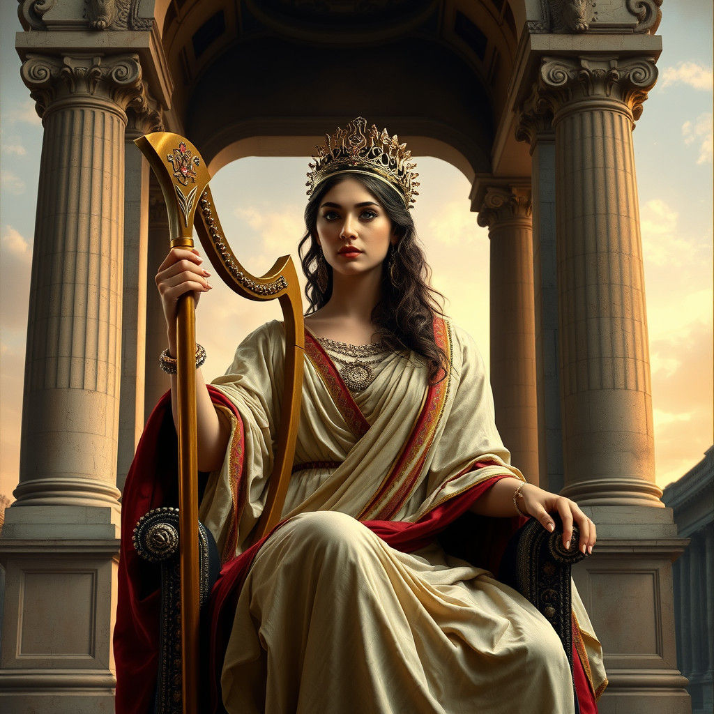 Elegant Roman Empress Plays Harp Under Arch
