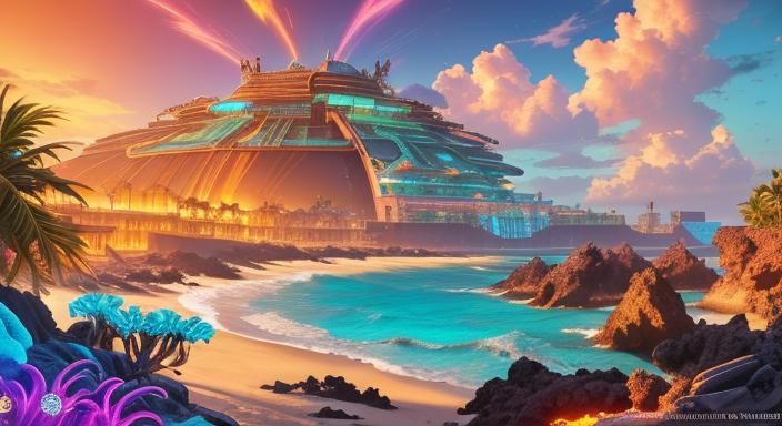 Cyberpunk Fortress on Tropical Volcanic Island
