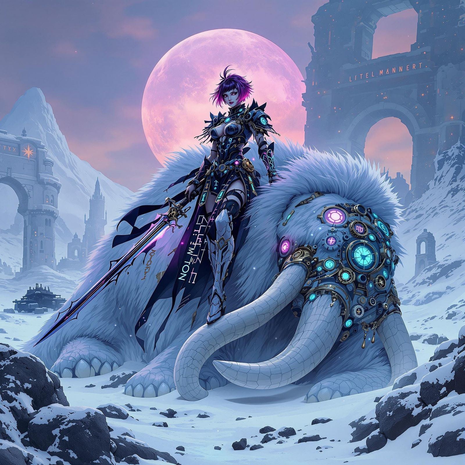 Gothic Samurai Warrior Atop a Colossal Mammoth