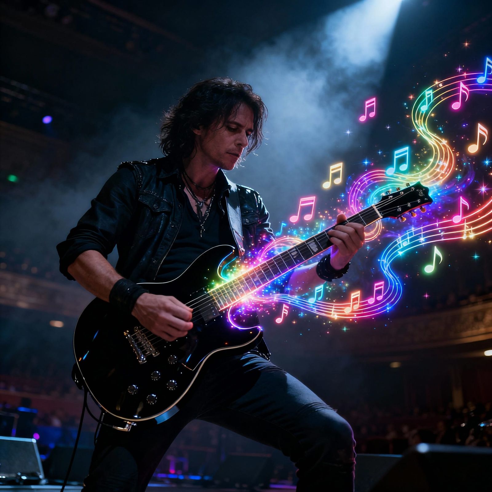 Musician Playing Glowing Guitar with Magical Notes