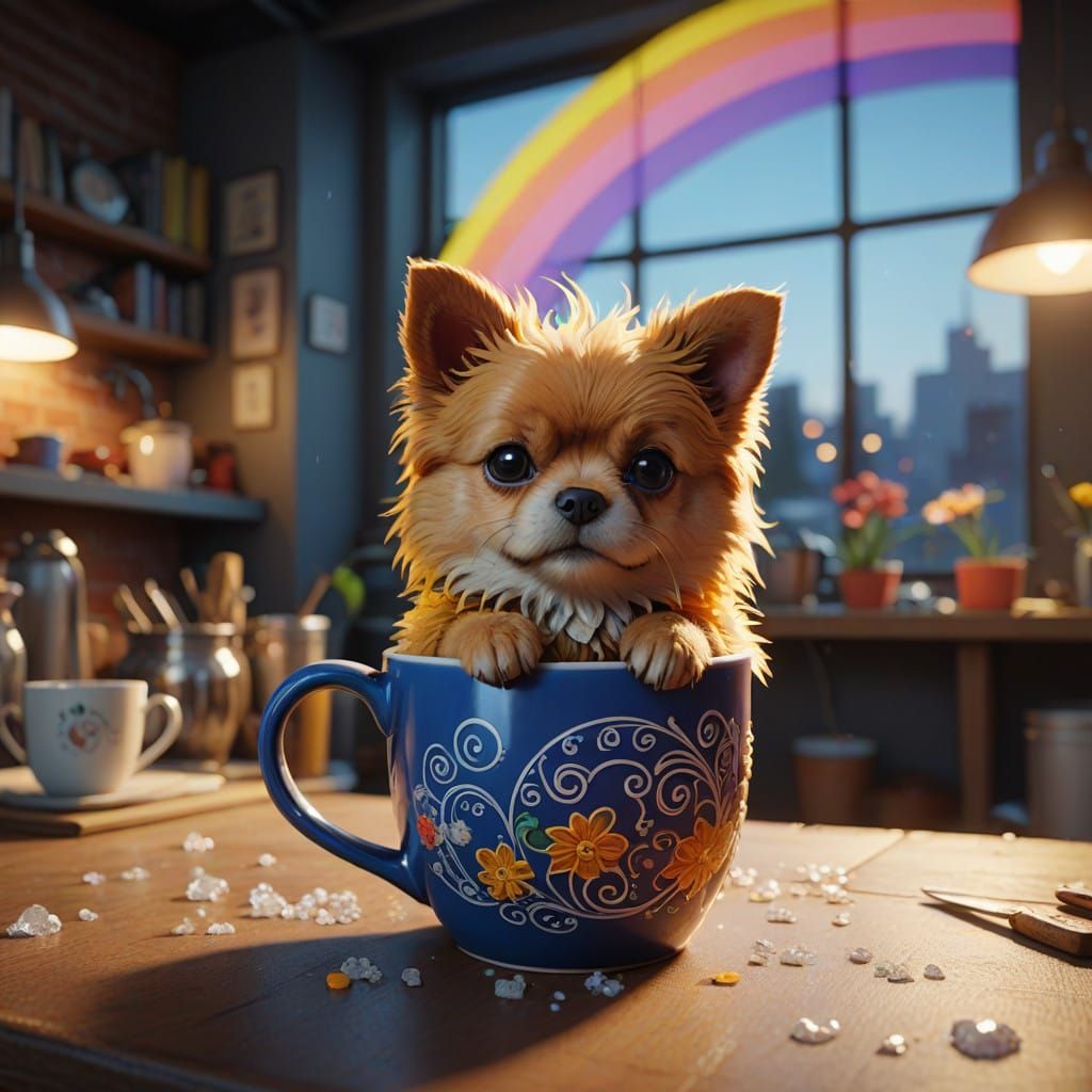 Whimsical Dog Sits in Colorful Rainbow Mug
