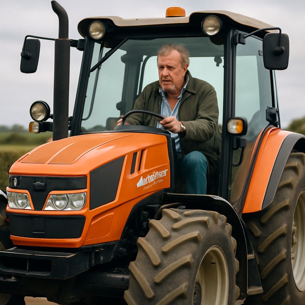 Man Drives a Lamborghini Tractor on a Farm