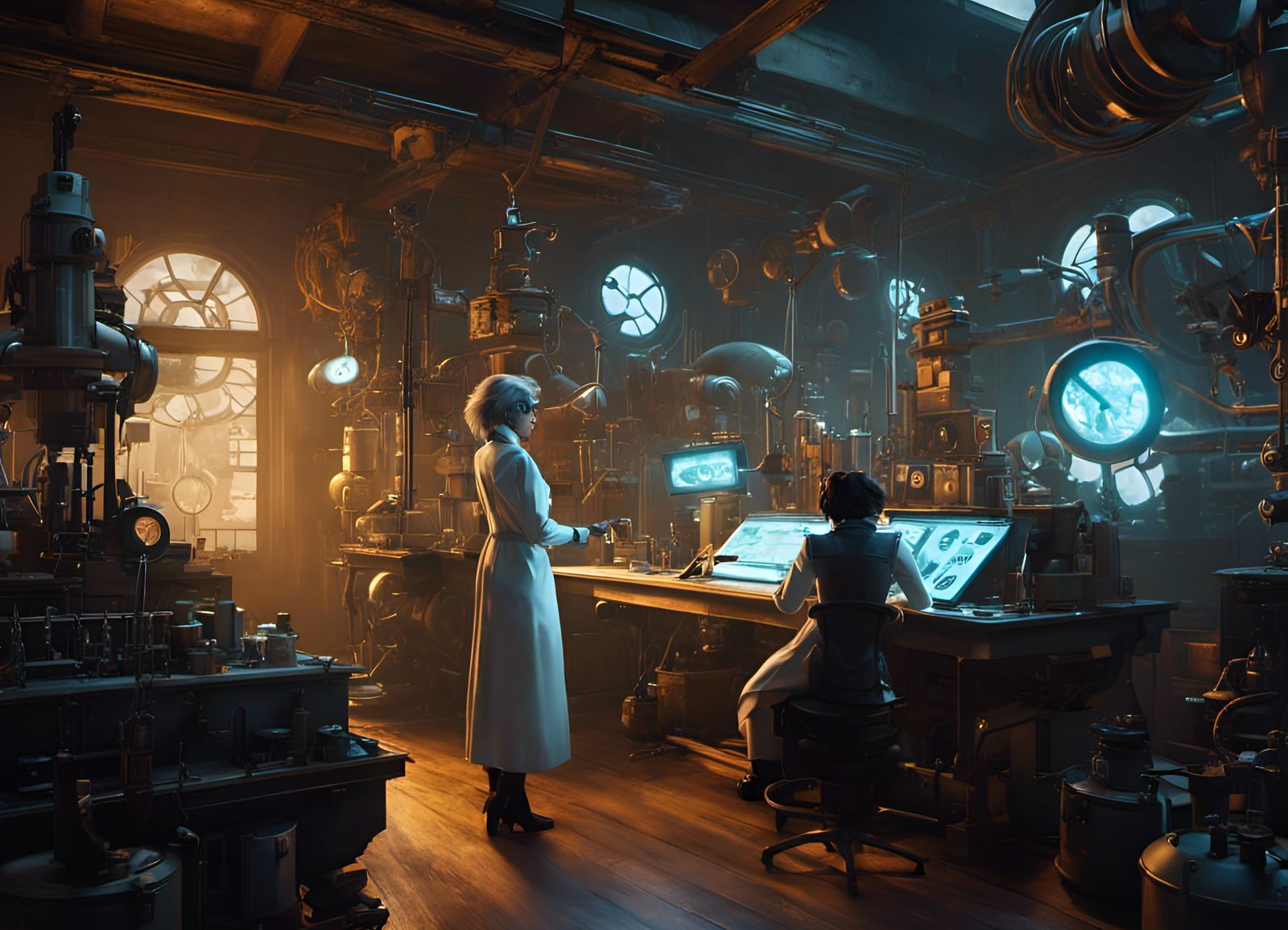 Mad Scientist and Automaton in Cyberpunk Laboratory