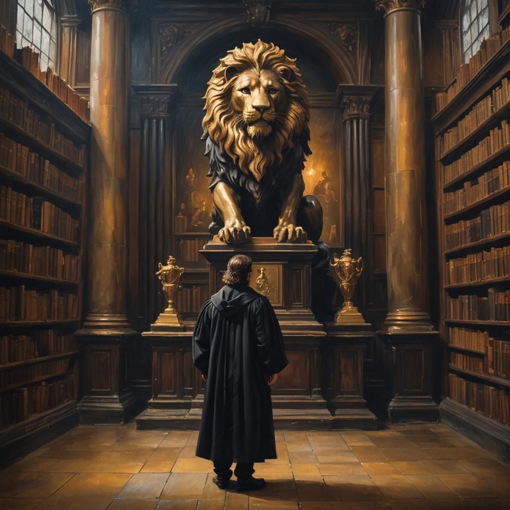 Dark Academia: Gown-Clad Figure Beside Golden Lion
