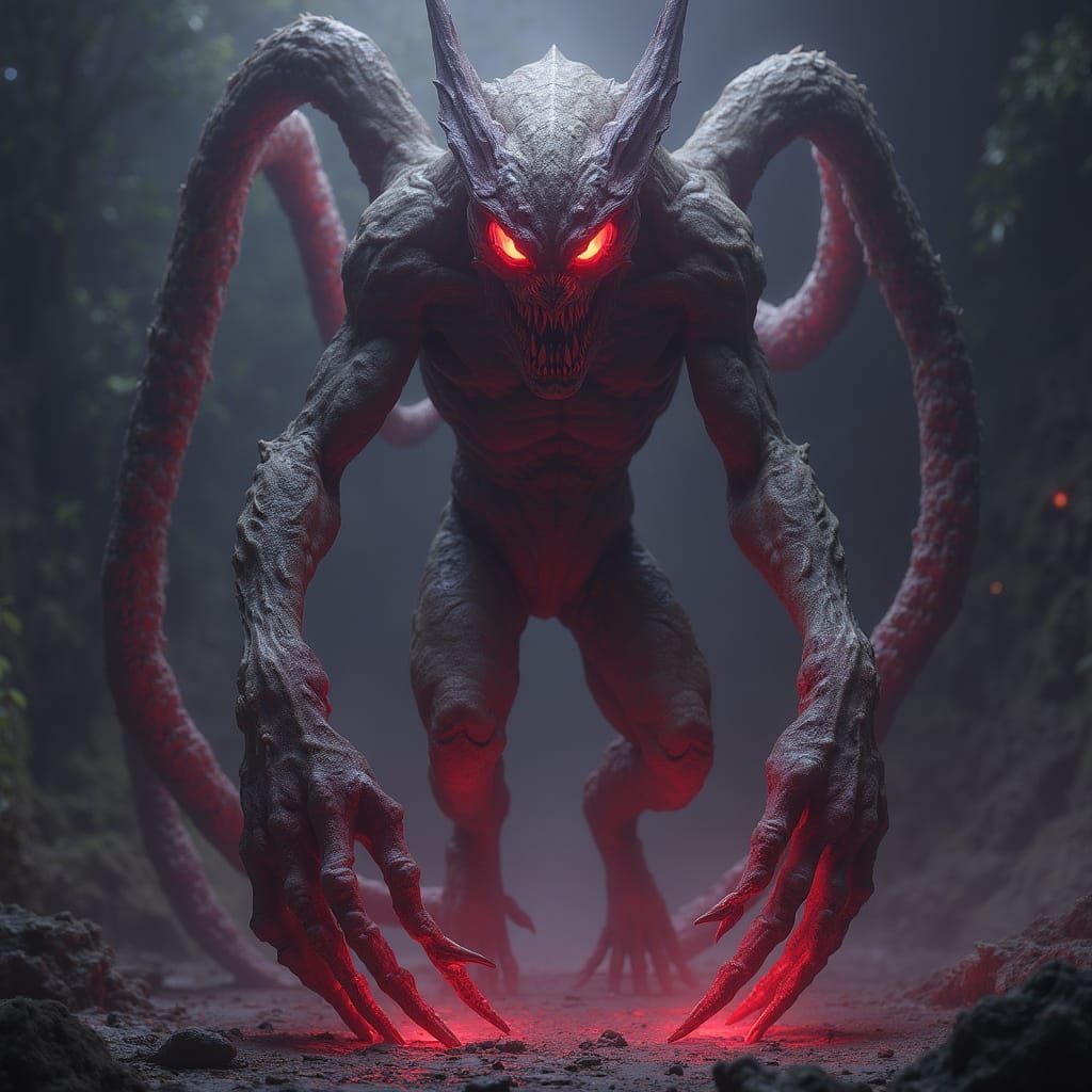 Dark Fantasy Creature with Glowing Red Eyes and Ash Fur