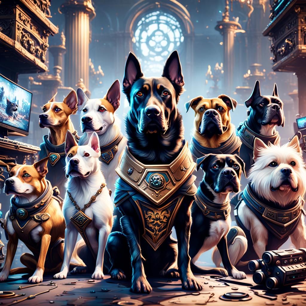 Dogs Gaming in Detailed Fantasy Art Style