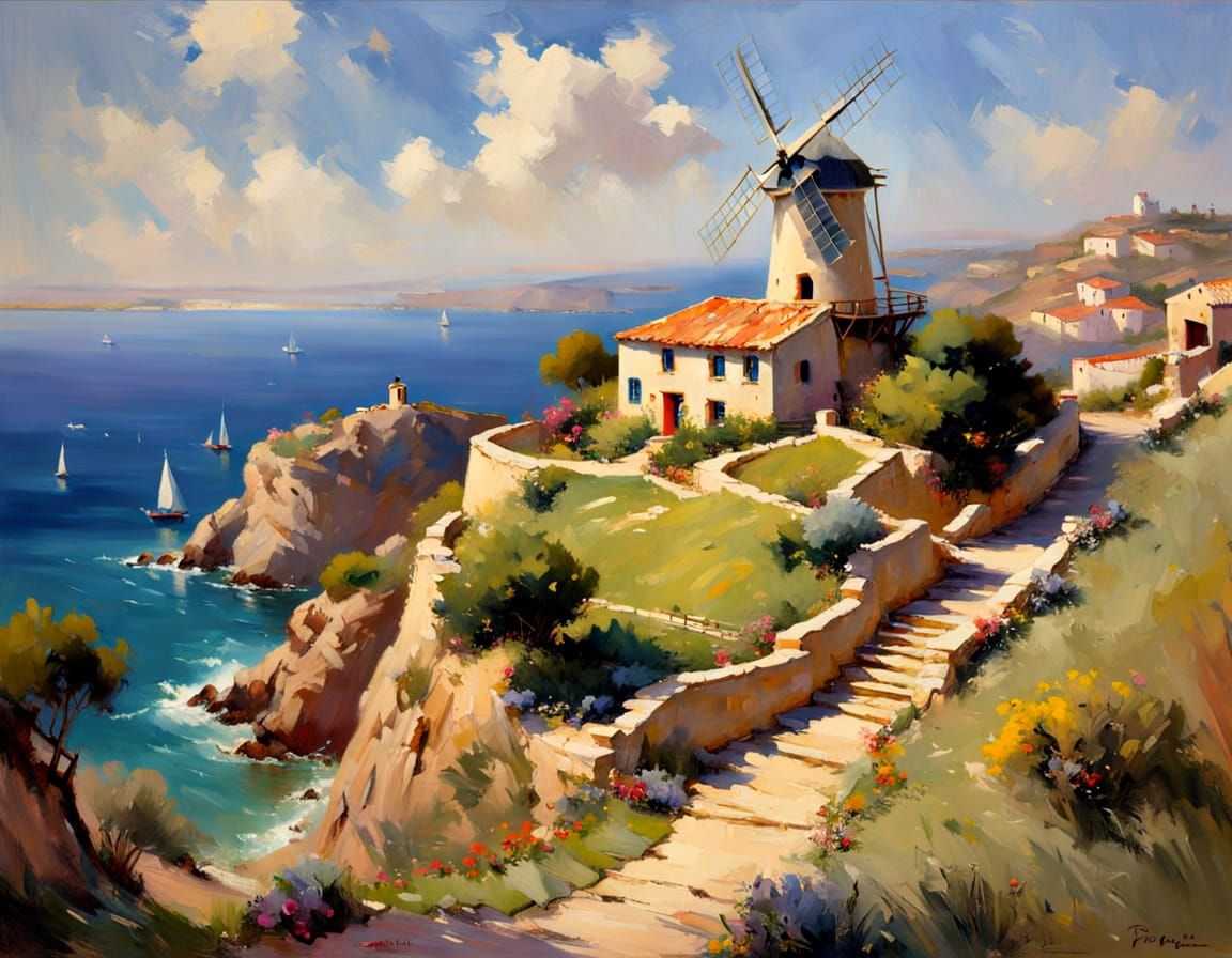 Hilltop Windmill and Mediterranean Villa in Impressionist St...