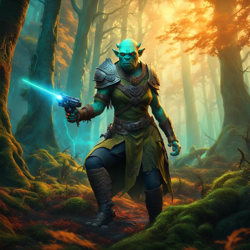 Orc Warrior in Mystical Forest with Laser Pistol
