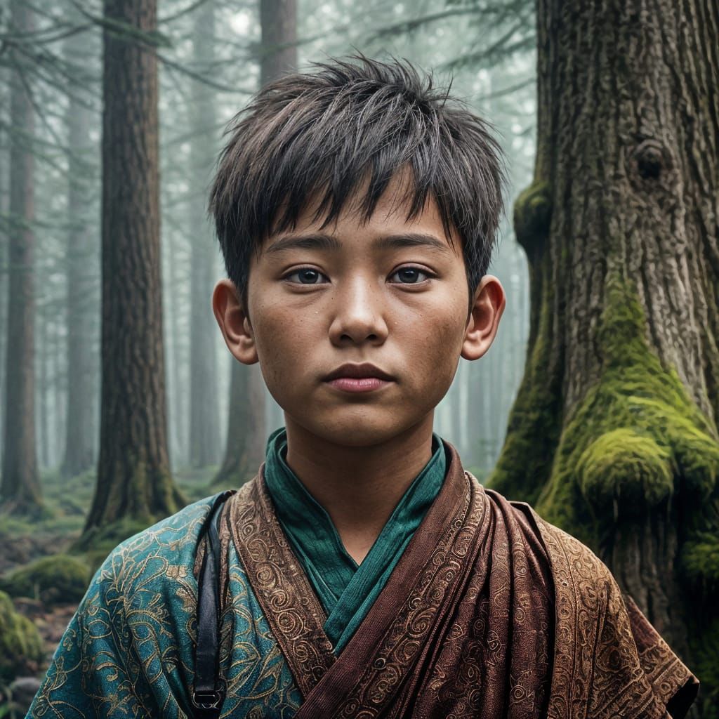 Tibetan Boy Portrait in Dreamlike Forest, Photorealistic
