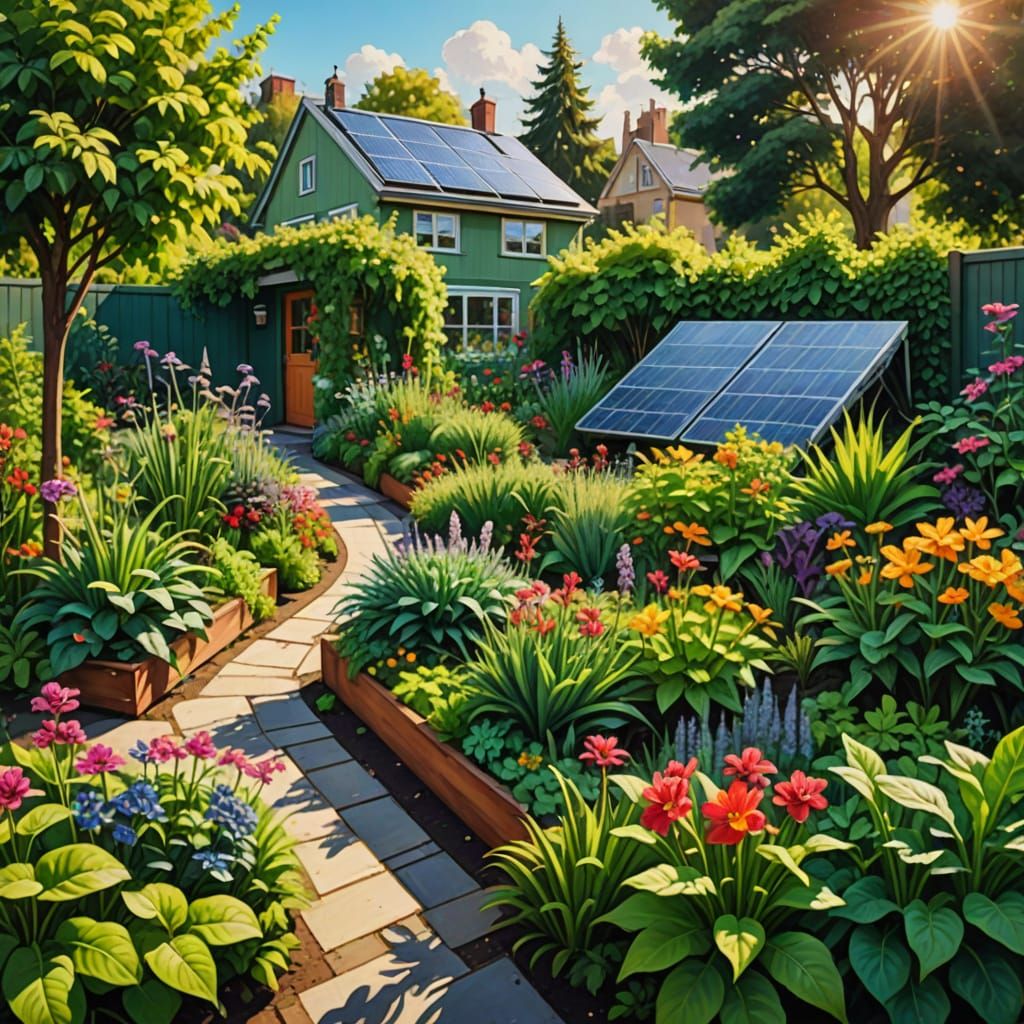 Vibrant Oil Painting of a Sustainable Urban Garden