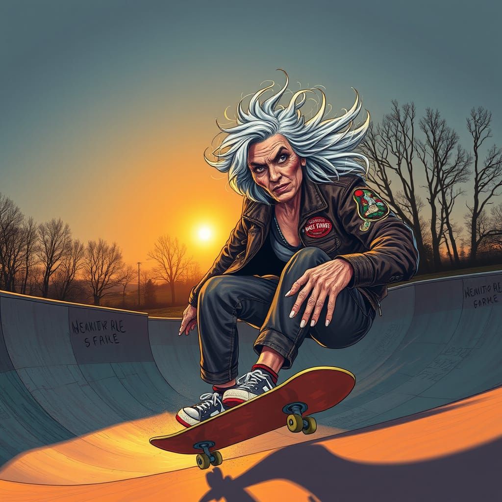 Defiant Granny Shreds Skatepark in Street Art Style