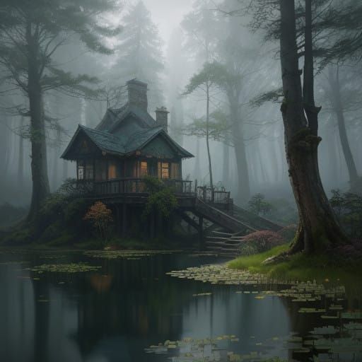 Hyper Realistic Oil Painting of Enchanted Forest with Pond