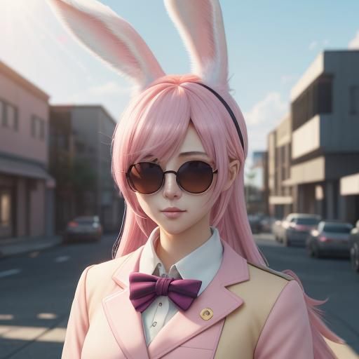 Anime Girl with Gun and Pink Hare in 3D