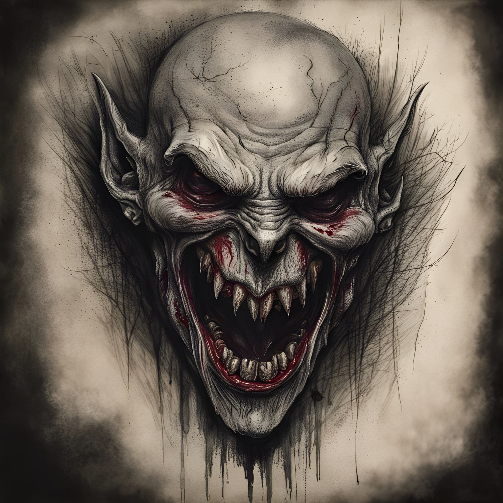 Rotting Vampire Head in Charcoal Drawing