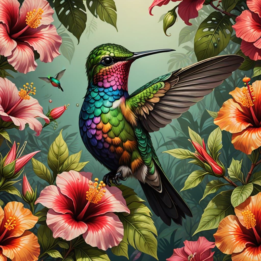 Vintage Hummingbird in Tropical Garden, Whimsical Botanical ...