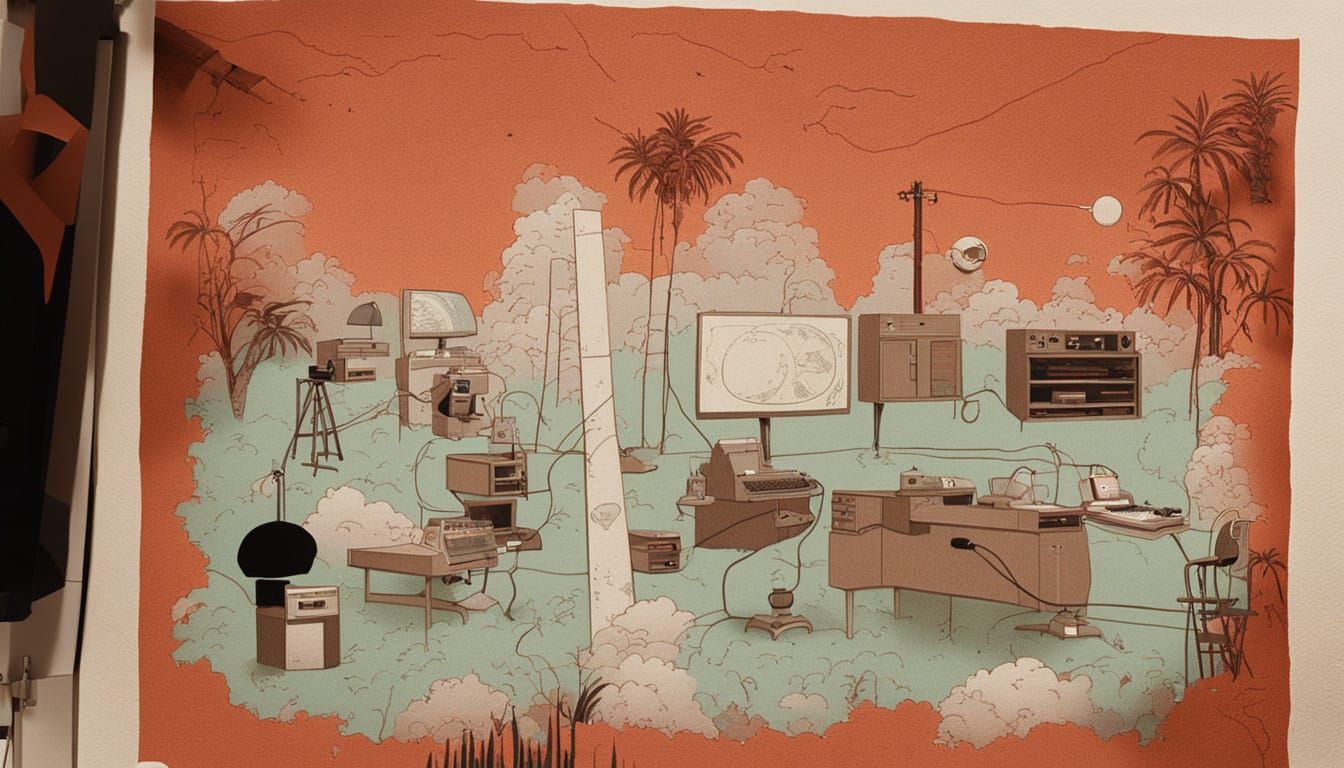 Retrofuturistic Electronic Set in Vibrant Tropical Jungle