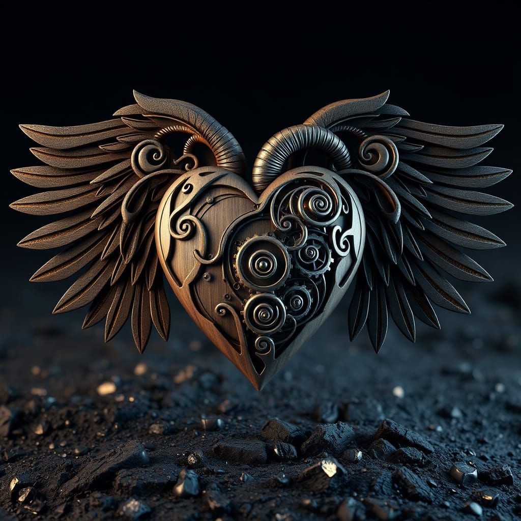 Winged Wooden Heart Sculpture with Metallic Spirals