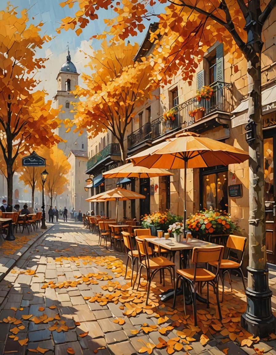 Cozy Cafe on Ancient Wall in Impressionist Style