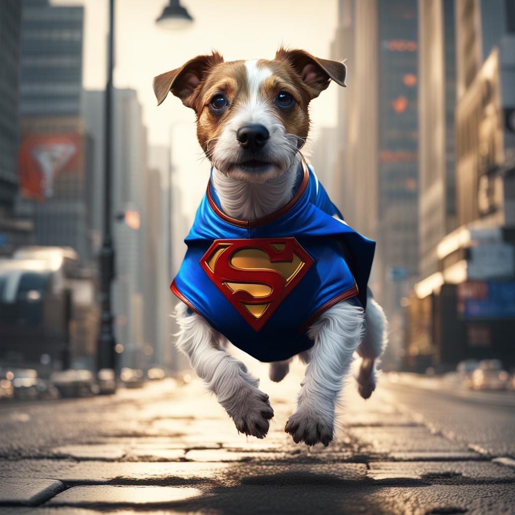 Jack Russell Terrier as Superman in Hyperrealistic Style