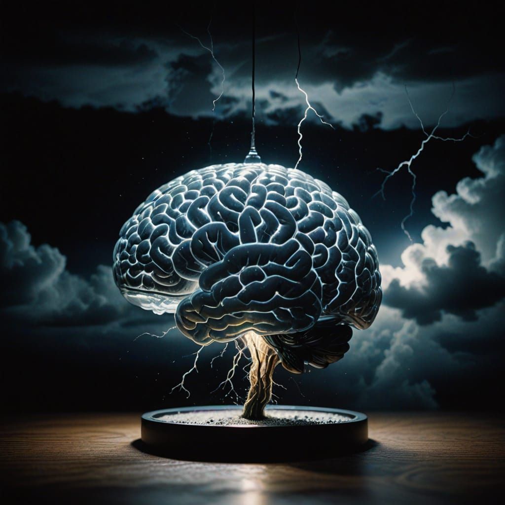 Glass Brain With Thunderstorm In Dark Void