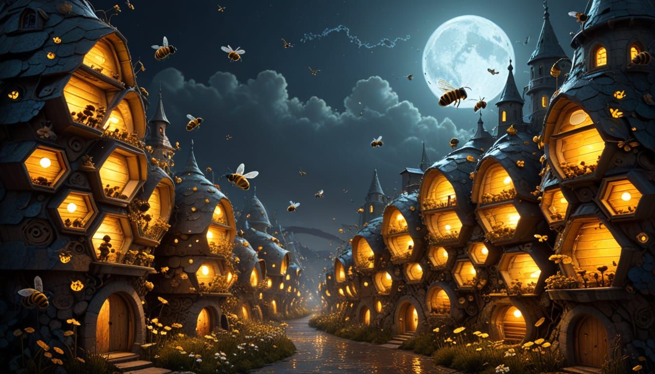 Whimsical Bees Hive City in Gustave Doré Style