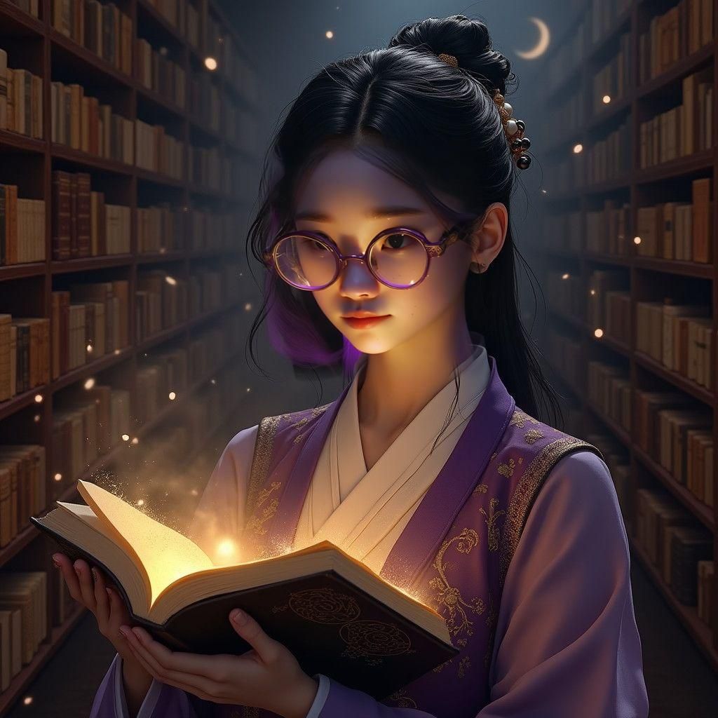 Joseon Dynasty Girl with Magical Books, Dark Fantasy Art