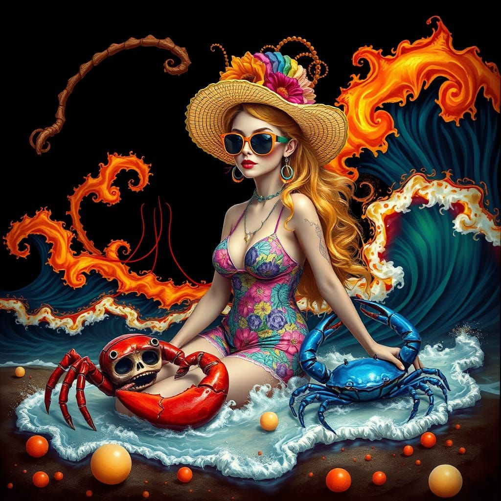 Ethereal Beach Scene with Robotic Life in Fantasy Style