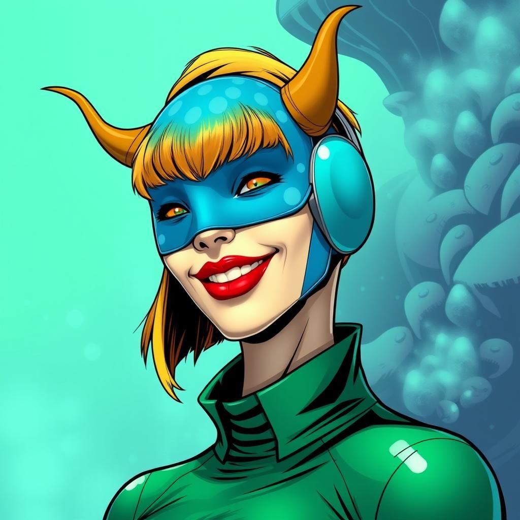 blue polka dot mask, mustard-brown horns, bright red lips, g...