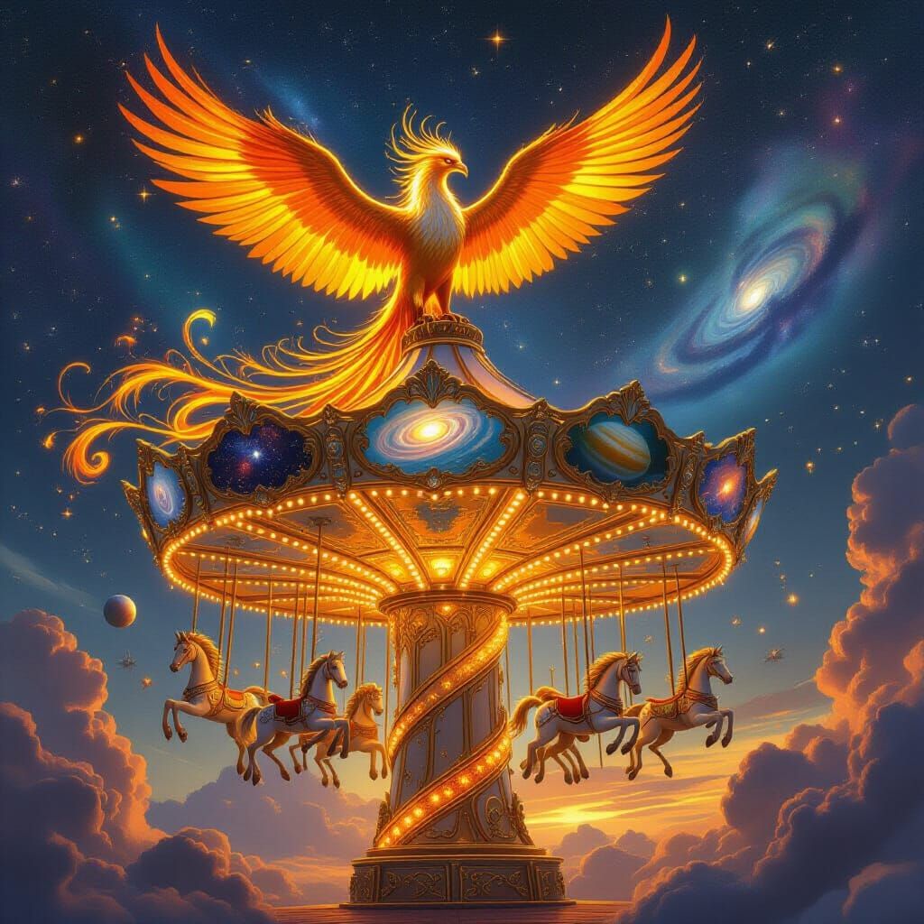 Majestic Phoenix on Celestial Carousel in Cosmic Art Style