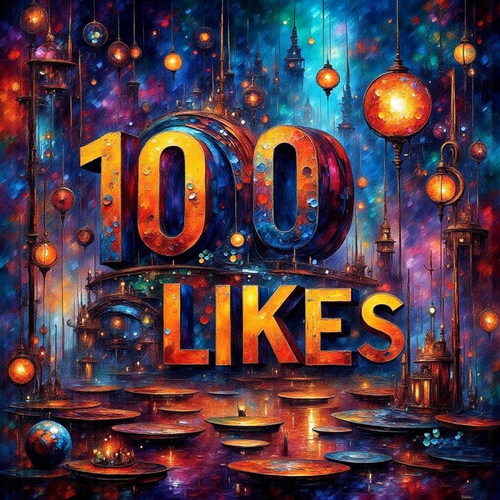 Giant Metallic "100 LIKES" in Neon Cityscape