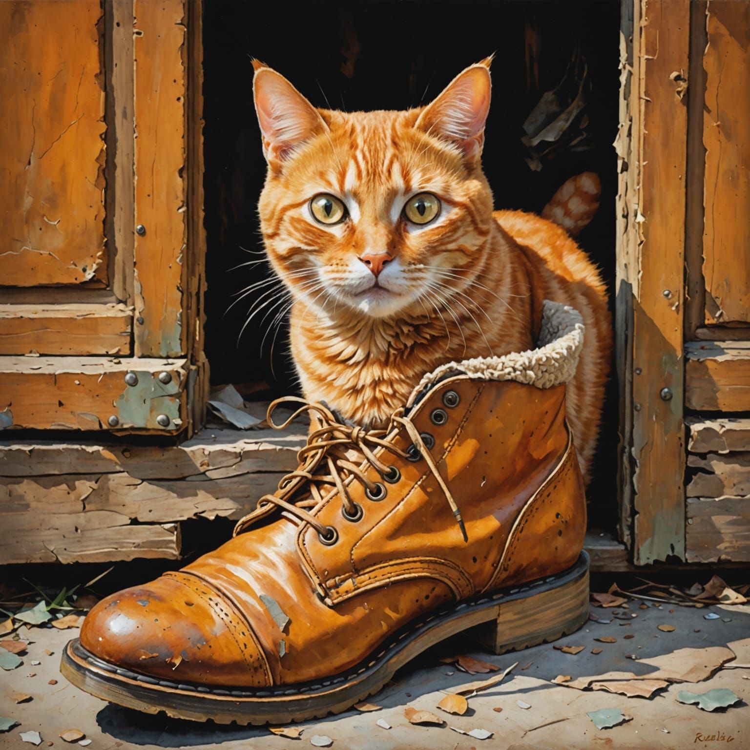 Orange Tabby Cat in Shoe, Expressive Storybook Art