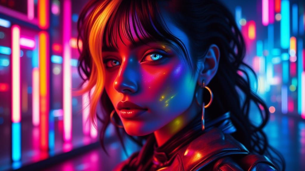 Cyberpunk Portrait with Intense Gaze and Neon Glow