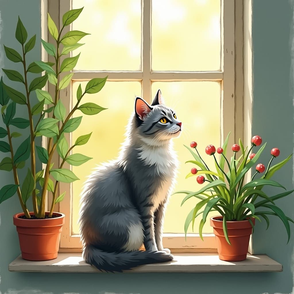Sunlit Cat with Houseplants in Vintage Illustration Style