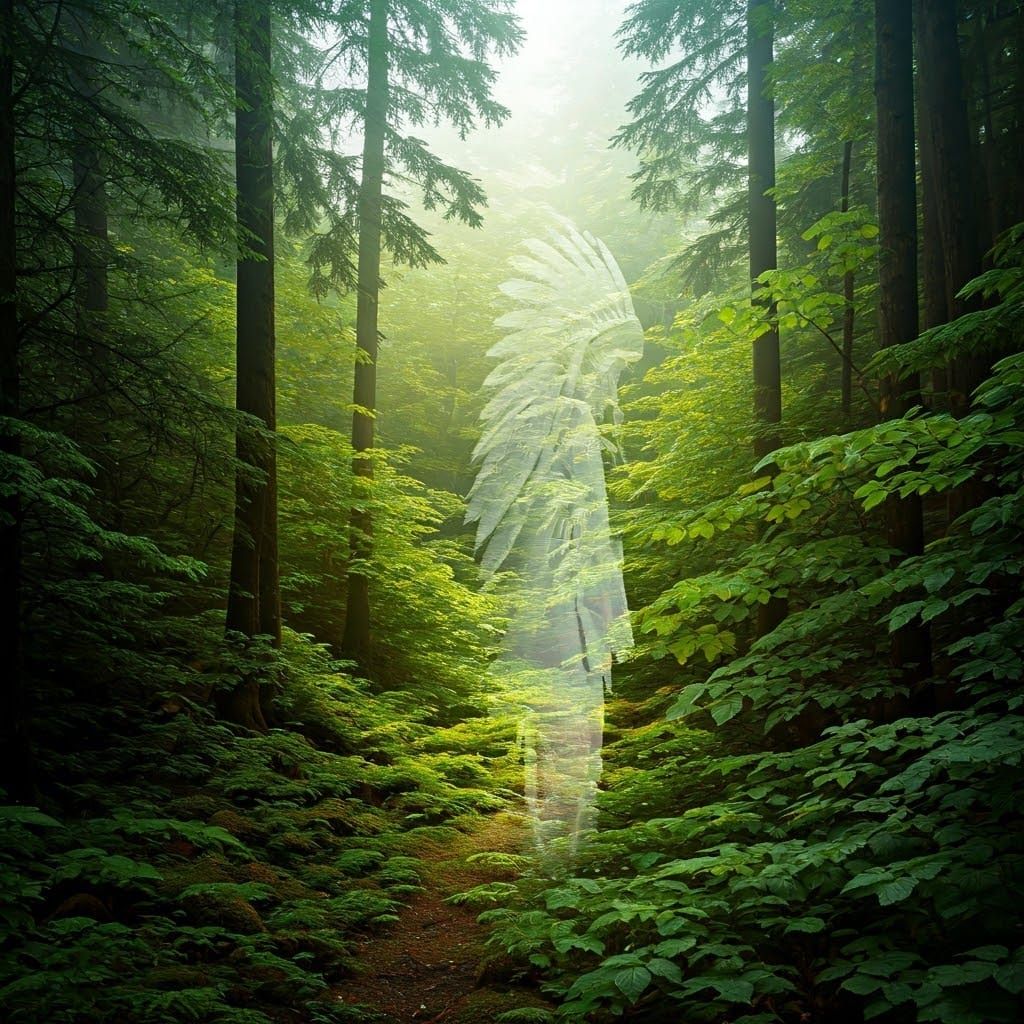 Mystical Forest Village with Native American Spirits in Ethe...