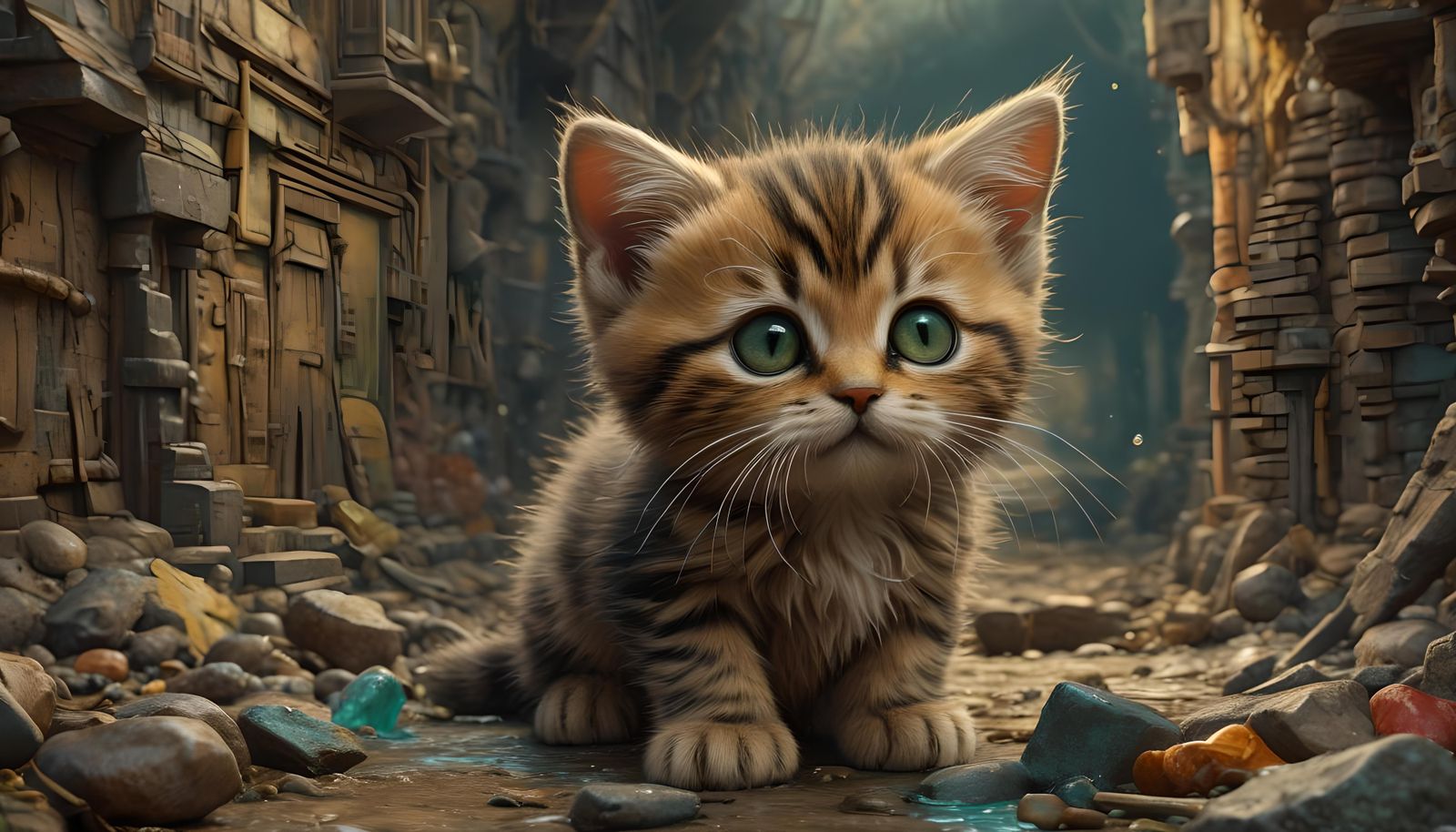 Detailed Kitten in Forgotten City: Digital Art
