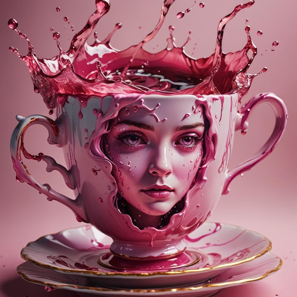 Pink Storm in a Teacup: Hyperrealistic Splash Art